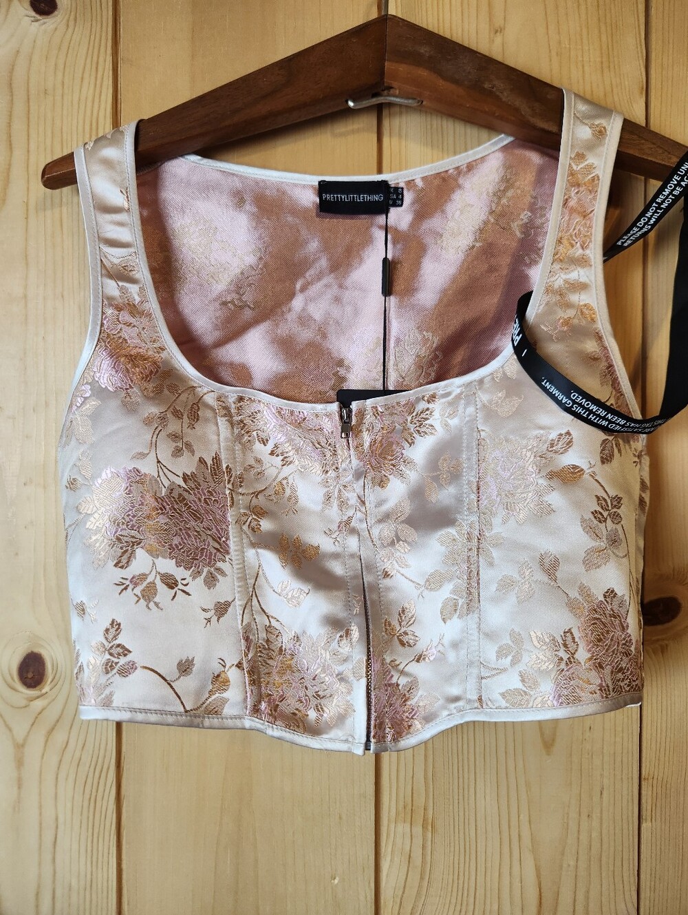 PrettyLittleThing Pink/Gold Floral Jacquard Zip Front Scoop Neck Corset Top NWT